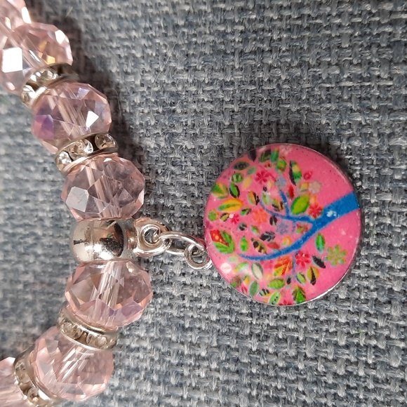 Bracelet Pink Crystal Tree of Life Charm Stretch Elastic Strength Symbol Pretty - Picture 2 of 3